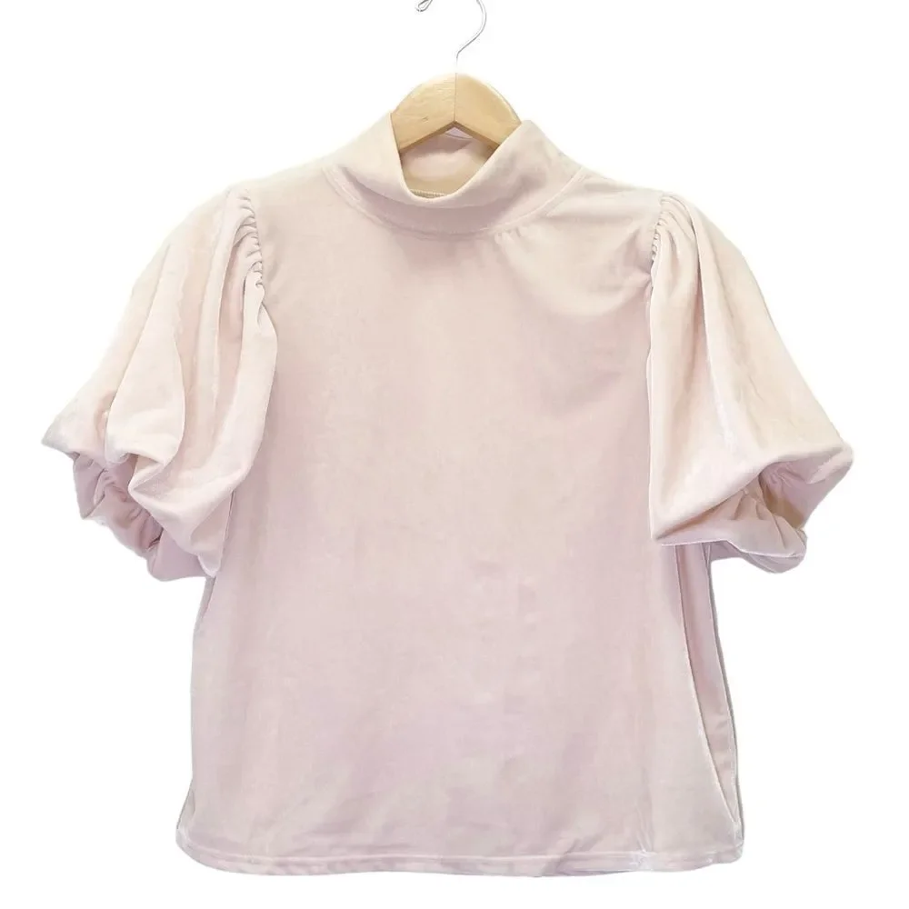 Free People Claudia Velvet Tee Puff Sleeve Mockneck Top Ballet Pink Size XS